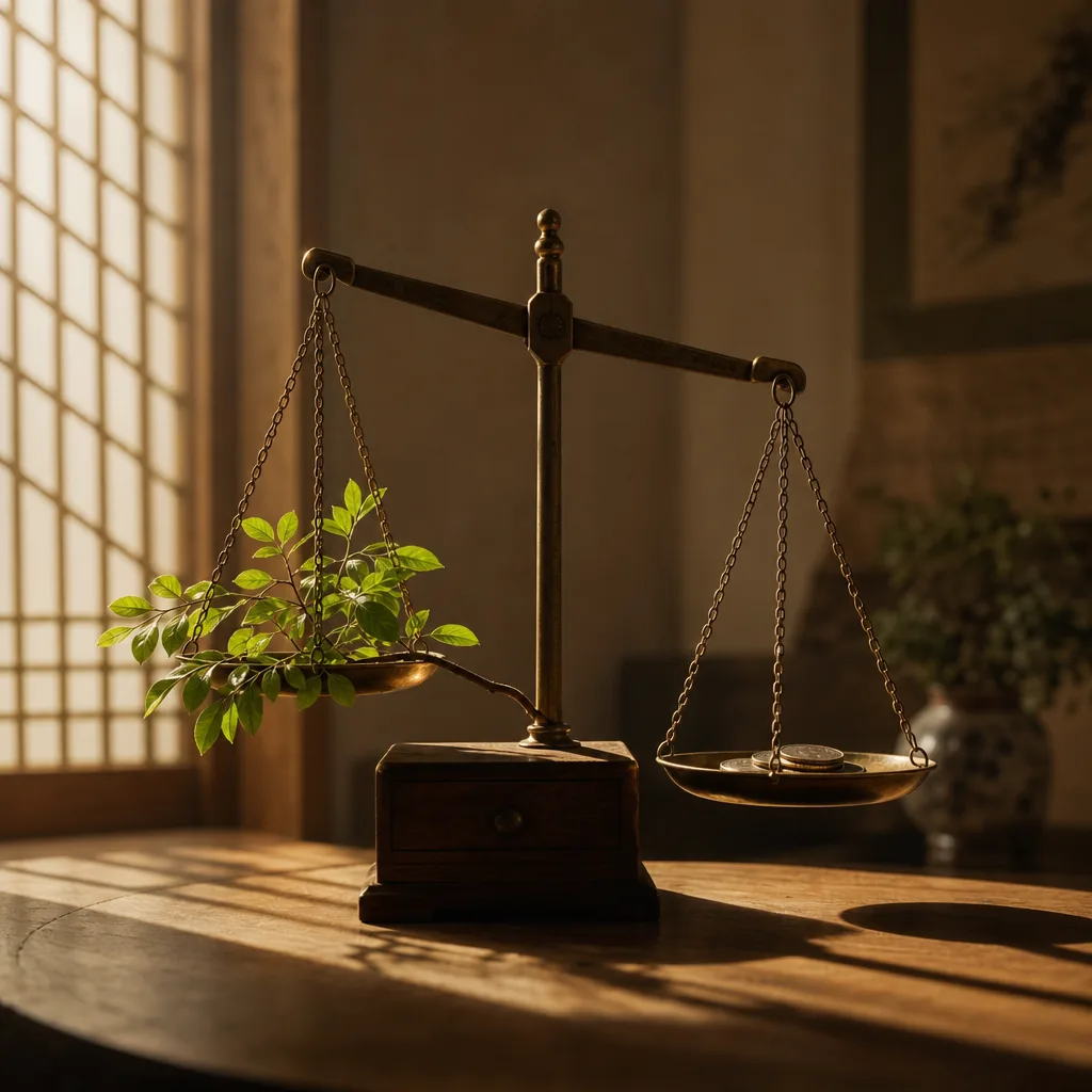 한쪽에 잎 달린 가지, 다른 쪽에 동전을 올린 저울